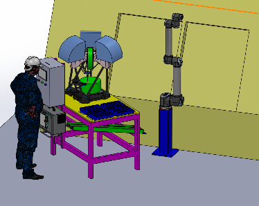 3D illustrasjon av robotcelle for inn og utlasting
