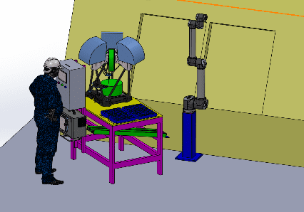 3D illustrasjon av robotcelle for inn og utlasting