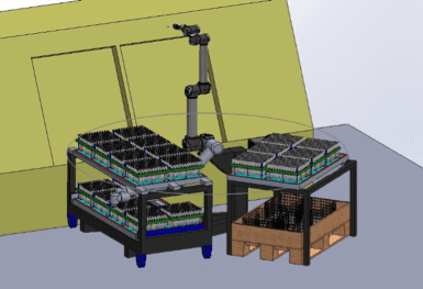 3D illustrasjon av robotcelle for håndtering av CNC maskin